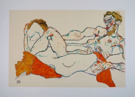 Lithographie Schiele - LE DRAP ROUGE / THE RED SHEET - 1913