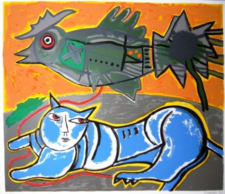 Siebdruck Corneille - Le grand chat bleu et l'oiseau
