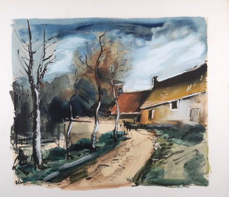 Lithographie Vlaminck - Le hameau près de Verneuil, vers 1950