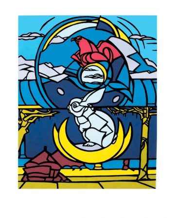 Lithographie Adami - Le lapin, l'aigle et la lune