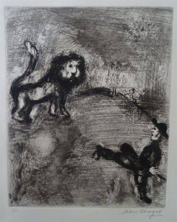Radierung Chagall - Le Lion et les Chasseurs