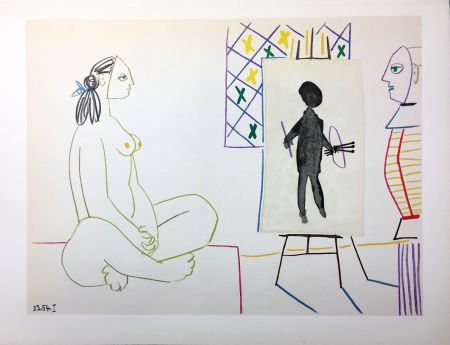 Lithographie Picasso - Le peintre masqué et son modèle (La Comédie Humaine - Verve 29-30. Vallauris1954).