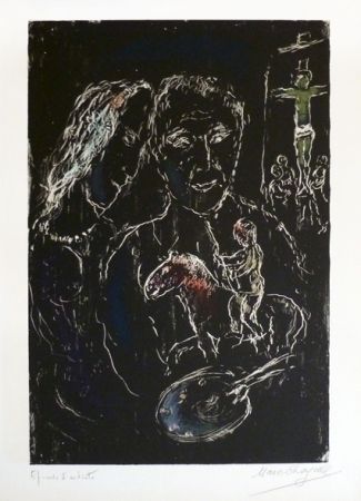 Lithographie Chagall - Le peintre sur fond noir