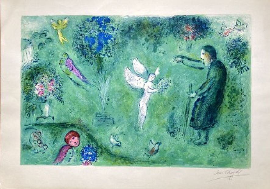 Lithographie Chagall - LE VERGER DE PHILETAS, signée à grandes marges (Daphnis et Chloé - 1961)