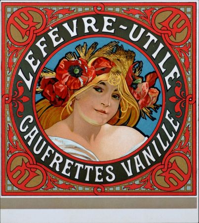 Lithographie Mucha - Lefèvre-Utile, Gaufrettes vanille - Lithograph enhanced with golden ink (Very scarce!)