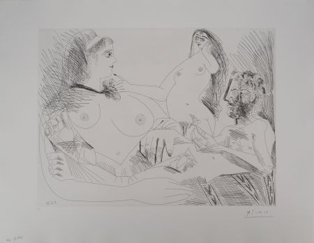 Stich Picasso - Les 156, planche 144 : Belle jeune femme à sa toilette rêvant qu'elle possède un petit homme des bois émacié portant un oiseau