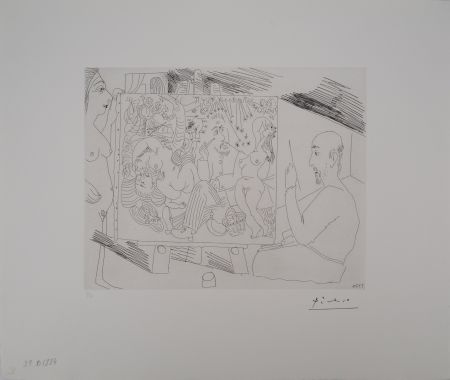 Stich Picasso - Les 156, planche 29 : Peintre dans son atelier peignant « Le Déjeuner sur l’herbe », avec un modèle