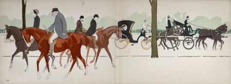 Lithographie Goursat - Les Acacias : M. Castillo, Marquis du Lau, Antoine de Gontaut-Biron, Duc de Brissac, Réjane, Prince Troubetskoi, c. 1900-1925
