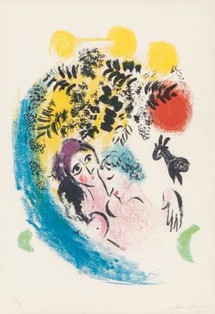 Lithographie Chagall - Les amoureux au soleil rouge