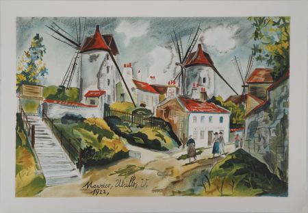 Lithographie Utrillo - Les trois moulins à Montmartre