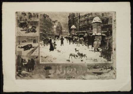 Radierung Und Aquatinta Buhot - L'Hiver à Paris ou La Neige à Paris