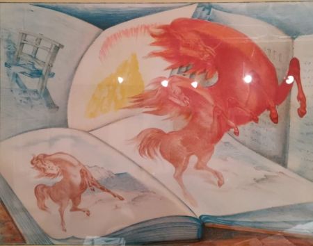 Lithographie Sassu - Libri e cavalli 
