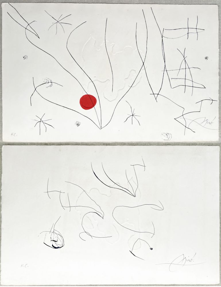 Radierung Und Aquatinta Miró - L'ISSUE DÉROBÉE. Pointe sèche, aquatinte et gaufrage, signée à double face (1974)