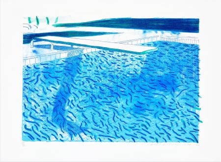 Lithographie Hockney - Lithograph of Water made of thick and thin lines, a green wash, a light blue wash, and a dark blue wash
