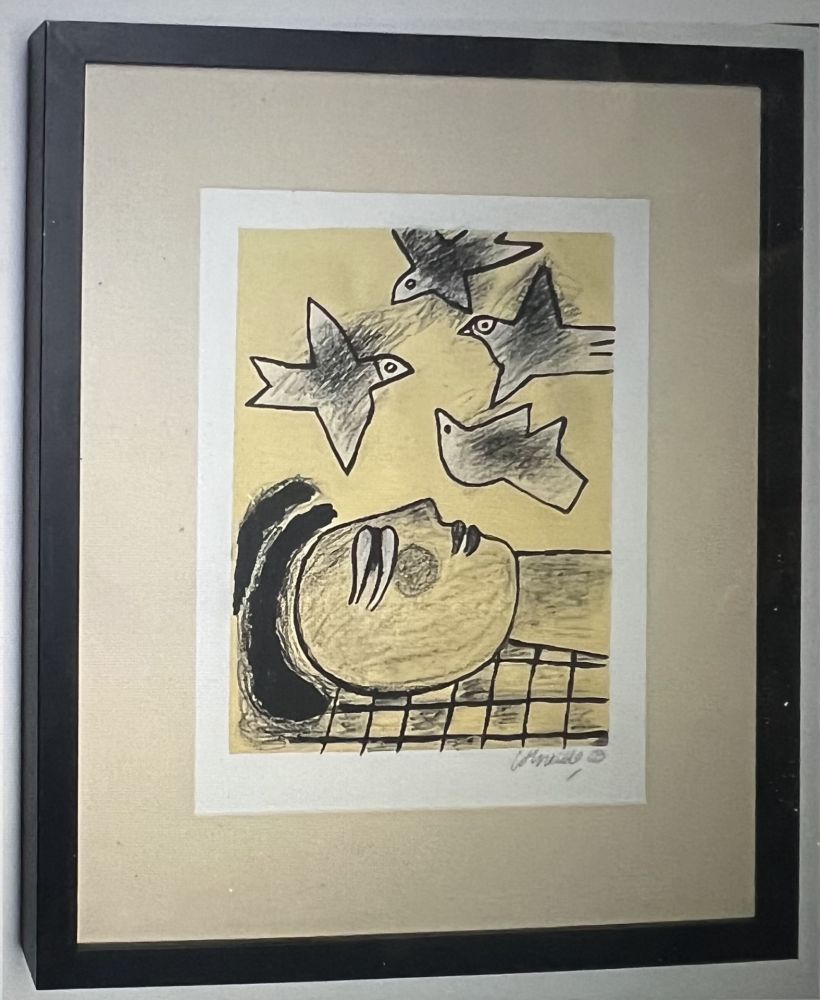 Lithographie Corneille - Lithographie encadrée Farandole d'oiseaux - A la plage 2002