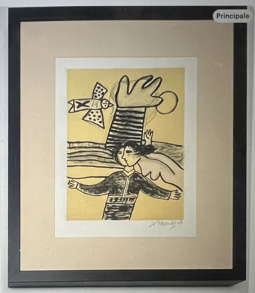 Lithographie Corneille - Lithographie encadrée Femme et oiseau  - A la plage 2002