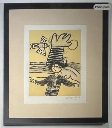 Lithographie Corneille - Lithographie encadrée Femme et oiseau  - A la plage 2002