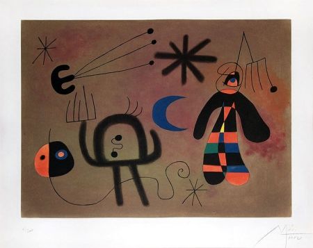 Aquatinta Miró - L'Oiseau-fusée vise la fourche glissant en cascade vers le point noir (The Rocket-Bird Aims for the Fork Cascading Down Toward the Black Point), 1952