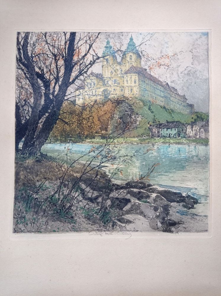 Radierung Und Aquatinta Kasimir - Luigi Kasimir, View from Vienna - Melk Abbey - Handcoloured Etching, 1920s