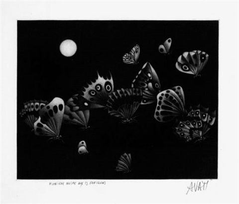 Mezzotinto Avati - Manière noire au 13 papillons (1964)