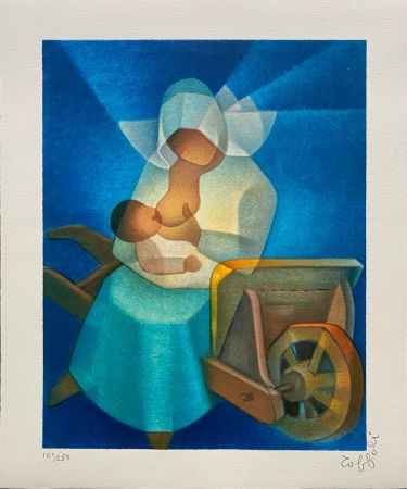 Lithographie Toffoli - Maternité à la brouette