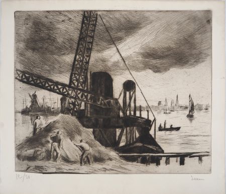 Kaltnadelradierung Luce - Maximilien LUCE - Grue du port de Rotterdam Vers 1890 -Gravure originale signée