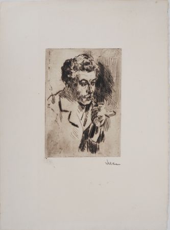 Kaltnadelradierung Luce - Maximilien LUCE - Homme à la cigarette ( portrait de Jean Peské) Vers 1895 - Gravure originale signée