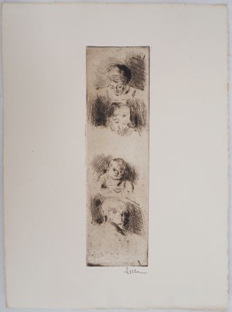 Kaltnadelradierung Luce - Maximilien LUCE - La Fratrie (Etude de quatre enfants) Vers 1890 - Gravure originale signée