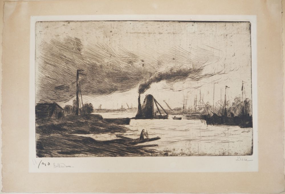 Kaltnadelradierung Luce - Maximilien LUCE - Rotterdam, voiliers à quai et  fumée dans le port Vers 1890 - Gravure originale signée