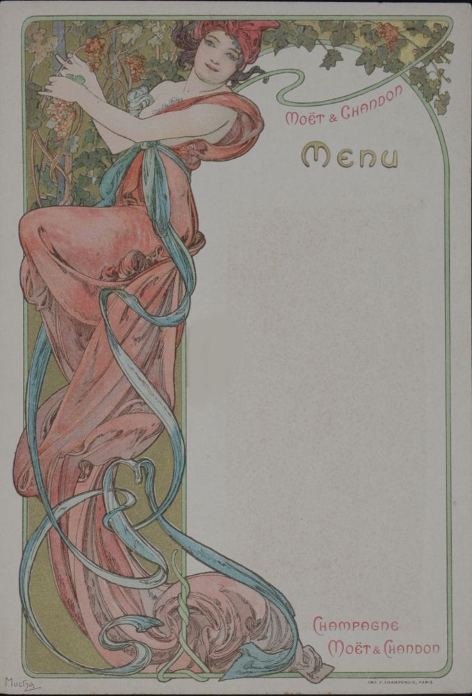 Lithographie Mucha - Menu du Champagne Moët & Chandon, 1899