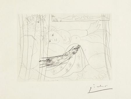 Radierung Picasso - Minotaure et jeune femme enlacés rêvant sous une fenêtre (Minotaure and Young Woman Embracing Under a Window), plate 91, from La suite Vollard