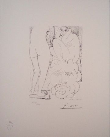 Lithographie Picasso - Modelo, escultura de espaldas y cabeza barbuda