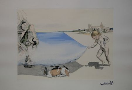 Radierung Dali - Moi-meme à l'age de six ans, soulevant avec une extreme précaution la peau de la mer pour observer un chien dormant à l'ombre de l'eau