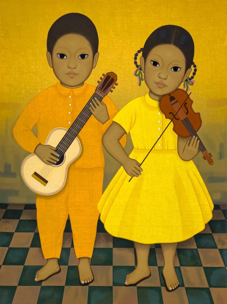 Siebdruck Montoya - Músicos, Chica y nino sosteniendo instrumentos de cuerda