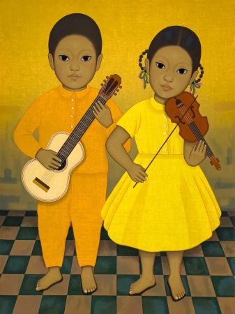 Siebdruck Montoya - Músicos, Chica y nino sosteniendo instrumentos de cuerda