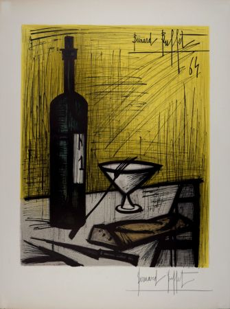 Lithographie Buffet - Nature morte à la bouteille de vin et au pain, 1964 - Hand-signed