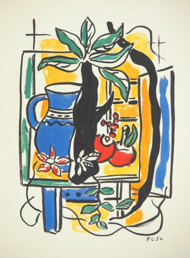 Lithographie Leger - Nature morte au pichet bleu