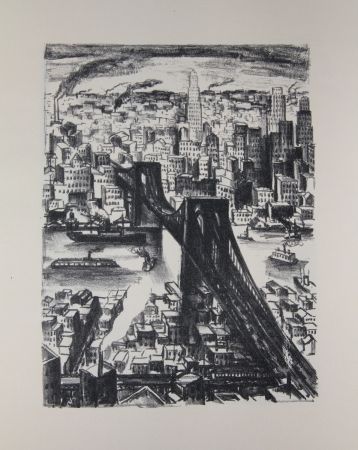 Lithographie Lubbers - NEW-YORK - BROOKLYN BRIDGE / LE PONT DE BROOKLYN
