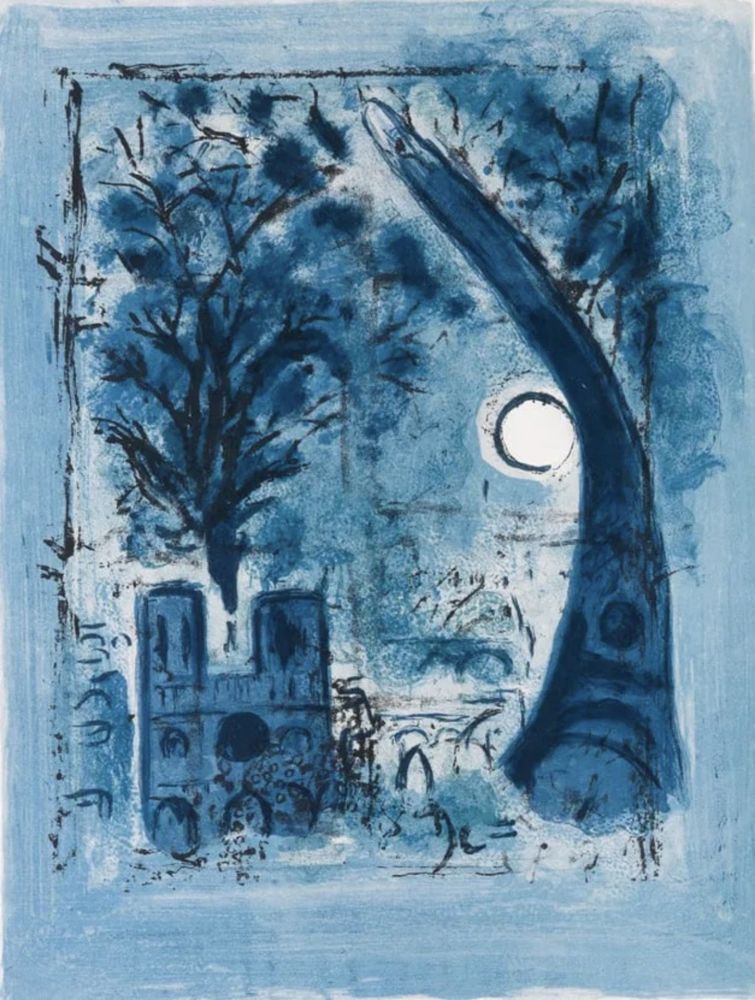 Lithographie Chagall - Notre-Dame et la Tour Eiffel