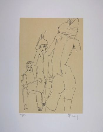 Lithographie Schiele - NU AU MIROIR / A NUDE MODEL BEFORE A MIRROR - 1910