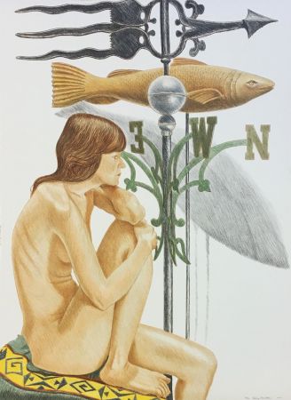 Lithographie Pearlstein - NUDE MODEL WITH BANNER AND FISH WEATHERVANE