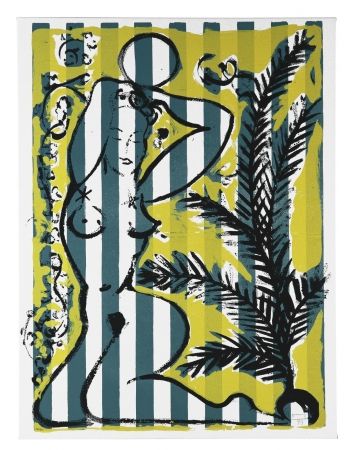 Siebdruck Szczesny - Nude with Palms on Green Stripes