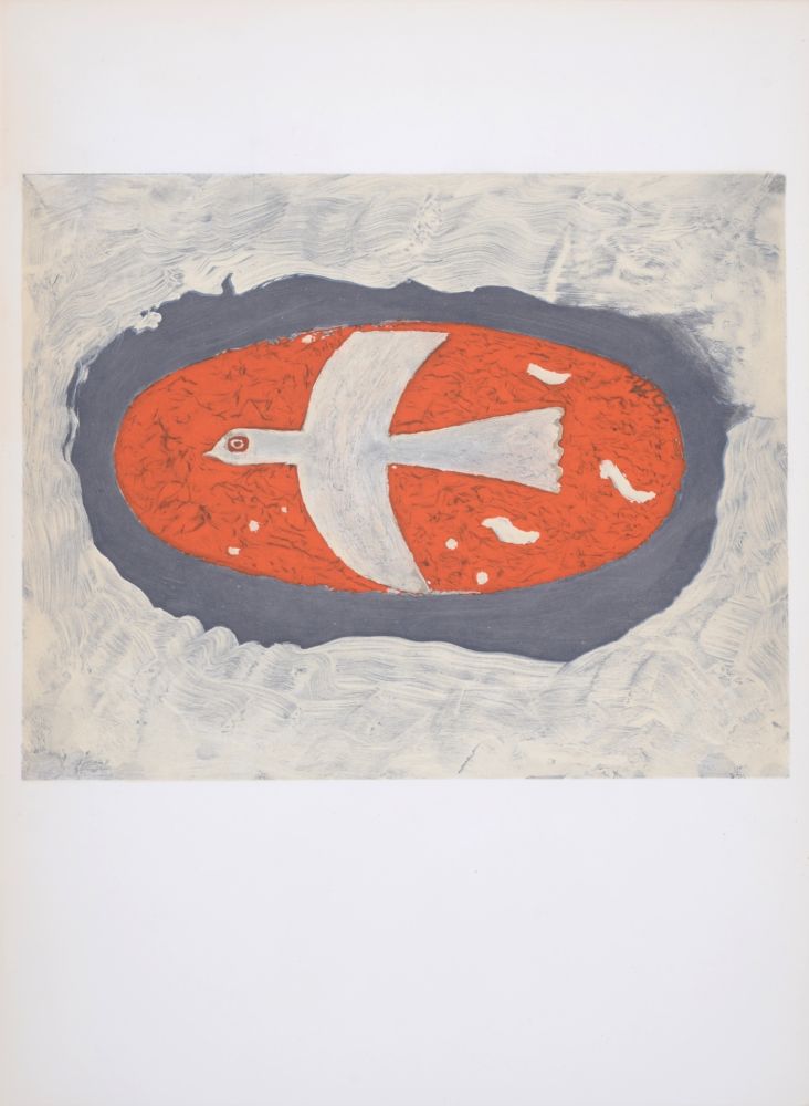 Lithographie Braque - Oiseau blanc sur fond rouge, 1967