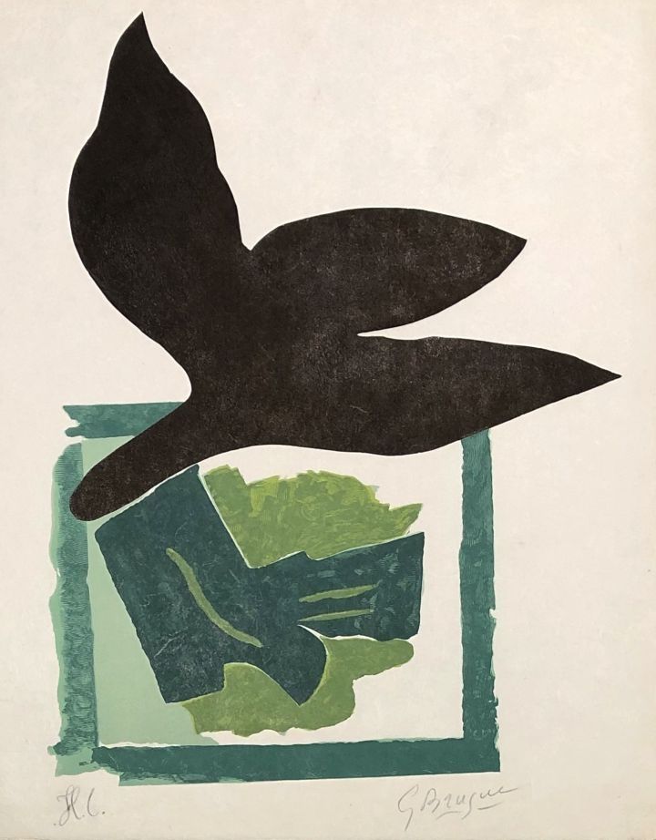 Holzschnitt Braque - Oiseau noir sur fond vert
