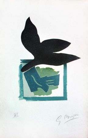 Holzschnitt Braque - Oiseau noir sur fond vert