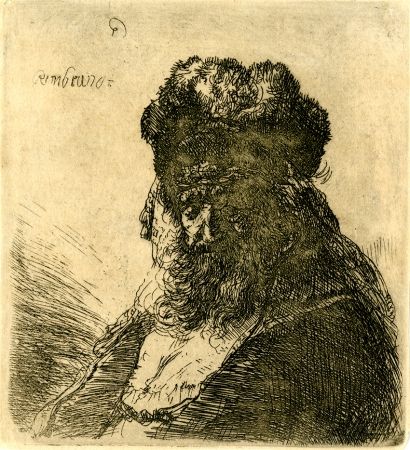 Stich Rembrandt - 	Old Bearded Man in a High Fur Cap, with Eyes Closed, c. 1635