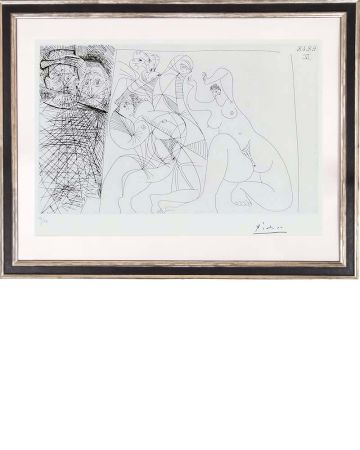 Radierung Picasso - O.T. - Tanzende und zwei Männer mit Rembramdt-Hut