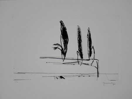 Kaltnadelradierung Hernandez Pijuan - Paisatge amb xiprers VI / Landscape with Cypresses VI