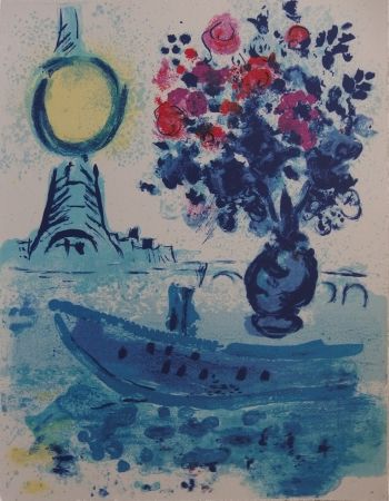 Lithographie Chagall - Paris : Bateau mouche au bouquet  - La Seine