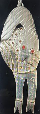 Keine Technische Corneille - Pendentif L'Oiseau - Serpent  - Bijou d'artiste en Argent, pierres de couleurs et filets d'or. Pièce Unique